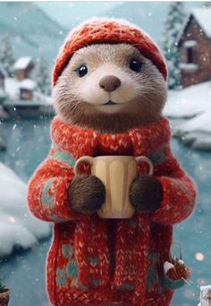 an animal wearing a red hat and sweater holding a cup in its paws while standing on snow covered ground