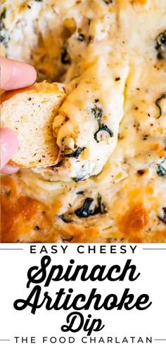 an easy spinach artichoke dip recipe is shown with the title above it