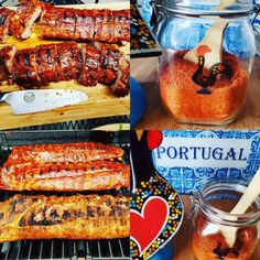 several different types of meats are being cooked on the grill and in glass jars