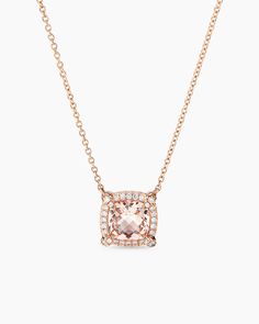 Petite Chatelaine® Pavé Bezel Pendant Necklace in 18K Rose Gold with Morganite and Diamonds, 7mm Yellow Gold Cushion Cut Necklace Fine Jewelry, Luxury Cushion Cut Gemstone Necklace, Elegant Cushion Cut Jewelry With Gemstone Accents, Yellow Gold Necklace With Cushion Cut For Formal Events, Yellow Gold Cushion Cut Necklace For Formal Occasions, Formal Yellow Gold Necklace With Cushion Cut, Formal Yellow Gold Cushion Cut Necklace, Luxury Cushion Cut Necklaces For Gifts, Elegant Gold Cushion Cut Necklace