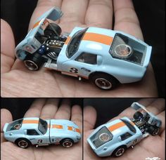 a hand holding a toy car in it's left side and another photo of the same vehicle