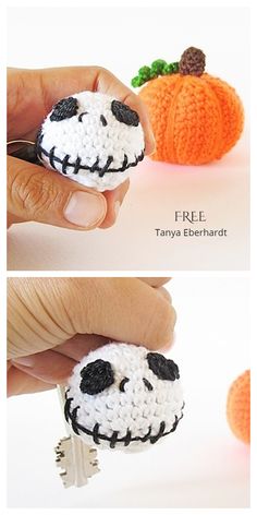 crocheted pumpkin keychain with jack - o - lantern on it's face