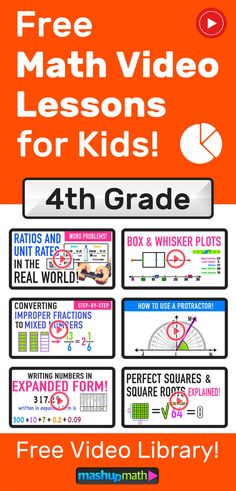 an orange poster with the text free math video lessons for kids, 4th grade and 6th grade