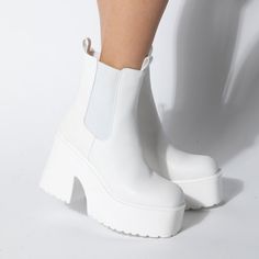 Side Zipper Side Goring Pull Tab Platform Sole Chunky Heel Lightly Padded Insole Black Platform Boots True To Size Heel Height Approx. 2.75" Cute Heel Boots, Chunky White Boots, Platform Boots White, Desired Appearance, Designer Clothing Patterns, Platform Boots Outfit, White Platform Boots, White Platforms, White Platform Heels