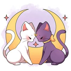 two cats sitting next to each other in front of a crescent with stars on it