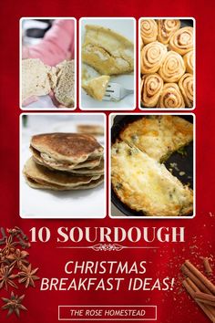 A festive photo collage of sourdough Christmas breakfast ideas. Text reads 10 sourdough Christmas breakfast ideas.