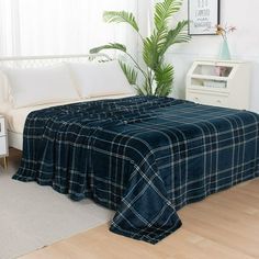 there is a bed with a blue plaid blanket on it and a plant in the corner