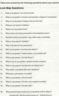 It's important to stay connected with your partner, and these questions help. | Gottman Institute Facebook Page Marriage Counseling Worksheets, Pre Marriage Counseling, Love Map, Counseling Worksheets, Relationship Therapy, Couples Counseling, Relationship Questions, 20 Questions