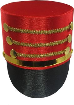 a red and black top hat with gold chains on it's sides, in front of a white background