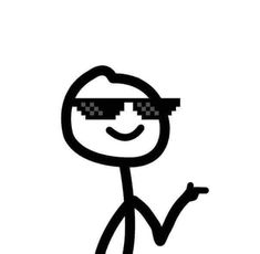 a black and white drawing of a person with sunglasses pointing at something in the air