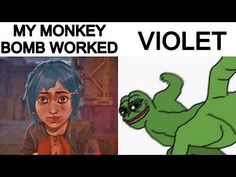 a cartoon character with blue hair next to an image of a green monster and text that reads, my monkey bomb worked violet