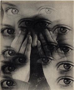 an old black and white photo with many different eyes looking in the same direction to each other