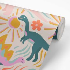 a colorful dinosaur wallpaper with flowers and sunbursts on the back ground