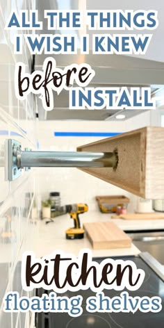 floating shelf being installed on a bracket that is attached to a tiled kitchen backsplash Floating Shelves Layout, Floating Shelves Kitchen Diy, Shelf Arrangement Ideas, Diy Kitchen Floating Shelves, Floating Shelves Arrangement, Sink Coffee Bar, Shelves Layout, Shelves Arrangement, Kitchen Floating Shelf