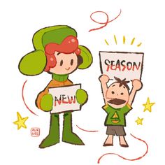 two cartoon characters holding signs with the words season written on them