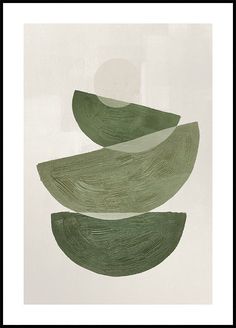 an abstract painting with green and white shapes on the bottom, against a white background