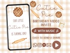 an advertisement for a birthday party with pies on the phone and other items around it