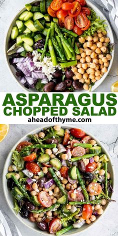 asparagus, chickpeas and salad in two bowls with the title above it