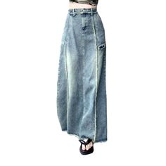 Introducing the 2023 Spring-Summer Collection's raw hem tall-rise denim skirt for ladies; a vintage-inspired, floor-length masterpiece crafted for the couture-forward. With its unique raw hem, elevated-rise waistline, and zipper & button closure, it's perfect for making a statement no matter the occasion.Why It's the Epitome of ChicThis denim skirt is the epitome of vogue fashion, perfect for those who love to express their trend. Its long silhouette shows off your curves, while the raw hem deta 10 Item Wardrobe, Womens Denim Skirts, High Waisted Denim Skirt, Vintage Trends, Vogue Fashion, Light Blue Color, Vintage Pattern, High Waisted Denim, Denim Fabric