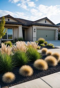 a house with lots of plants in front of it and a driveway leading up to it