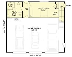 the floor plan for a two car garage with an attached living room and kitchen area