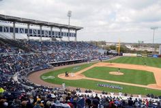 a baseball game is being played on a cloudy day at a stadium with people watching