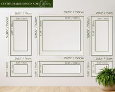 a wall with measurements for different sizes and shapes