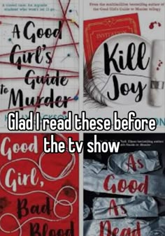 four different types of posters with the words glad i read these before the tv show