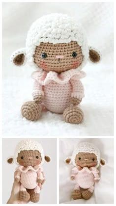 crocheted baby doll in pink and white outfit