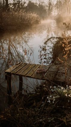 a wooden dock sitting on top of a river next to a lush green forest covered in fog