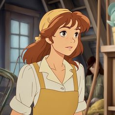 an animated image of a woman with brown hair and white shirt standing in front of a table