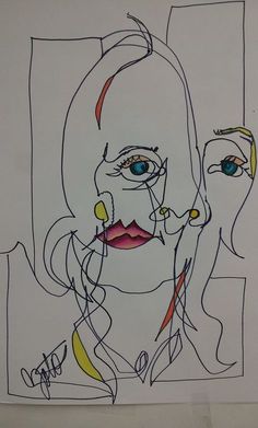 a drawing of two women's faces with different colored lines and shapes on them