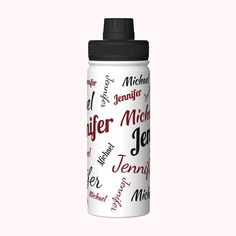 a white water bottle with words written all over it on the front and back side