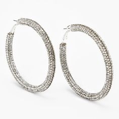 Claire's Silver 60MM Pave Embellished Hoop Earrings Party Hoop Crystal Earrings With Sparkling Stones, Glamorous Bling Hoop Crystal Earrings, Glamorous Crystal Rhinestone Hoop Earrings, Glamorous Rhinestone Crystal Hoop Earrings, Hoop Rhinestone Earrings For Party, Trendy Metal Hoop Earrings With Rhinestones, Hoop Earrings With Rhinestones For Party, Rhinestone Hoop Earrings For Party, Trendy Rhinestone Metal Hoop Earrings