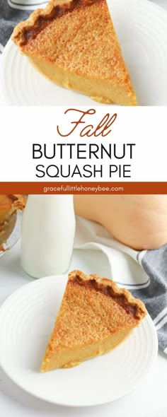 a slice of butternut squash pie on a white plate with the title text overlay