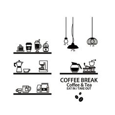 coffee break and tea in take out menu with kitchen items on shelves, black and white illustration