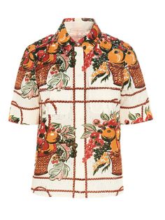 100% Cotton Made in China Designer Model Number: 83816 Designer Colour: 297 | Tory Burch Printed Camp Shirt 10 Item Wardrobe, Simple Summer Style, Dad Fashion, Women Camping, Fruit Print, Camp Shirt, Bowling Shirts, Fruit Basket, Camping Shirt