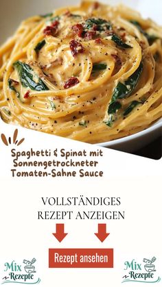 an advertisement for spaghetti with spinach and tomato sauce on the side, in front of a white plate