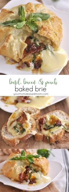 three different views of bread with cheese and spinach on it, one is cut in half