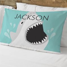 Our cool shark pillow makes a wonderful gift to add to any child's bedroom. Blue Green Bedroom, Shark Room, Shark Pillow, Cool Sharks, Kids Pillow Cases, Shark Gifts, Word Art Design, Kid Boy, Personalized Pillow Cases