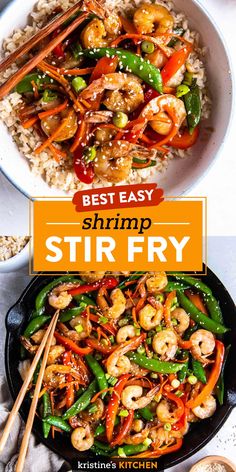 shrimp stir fry in a skillet with chopsticks and rice on the side