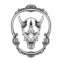 a black and white drawing of a demon with horns on it's head in a frame