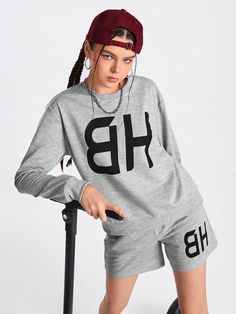 Women's Letter Print Long Sleeve Sweatshirt And Shorts Sports Set Women Tracksuit Grey   Long Sleeve Knitted Fabric Letter Shorts Non-Stretch  Women Activewear, size features are:Bust: ,Length: ,Sleeve Length: Relaxed Fit Athleisure Tracksuit With Letter Print, Casual Letter Print Sweats For Workout, Letter Print Sportswear For Loungewear, Letter Print Activewear For Sports, Sportswear Tracksuit With Letter Print And Relaxed Fit, Streetwear Tracksuit With Letter Print And Crew Neck, Sportswear Tracksuit With Crew Neck For Leisure, Relaxed Fit Tracksuit With Letter Print For Leisure, Relaxed Fit Leisure Tracksuit With Letter Print