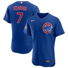 Hit the field in style with our Men's Chicago Dansby Swanson Chicago Cubs Nike Blue Alternate Authentic Player Jersey. This authentic on field jersey is perfect for any baseball enthusiast, providing a comfortable fit while showing off your support for the Chicago Cubs. Go Cubbies! Material: 100% Polyester Fit: Athletic cut Full-button front MLB Batterman CFX patch on center back neck Moisture-wicking fabric Rounded hem Sewn-on tackle twill graphics Short sleeve Worn by players on-field Machine Dansby Swanson, Brooklyn Nets, Nike Blue, Cubbies, Chicago Cubs, The Field, American Football, Moisture Wicking Fabric, All Star