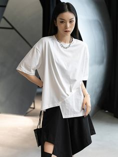 Sku CY-!87035 Material >90%Cotton Style Short Sleeves Feature Asymmetric , Split-joint Neckline Round-neck Occasion Casual , Urban , Simple Seasons Summer Type T-Shirts Tops Color WHITE Size FREE SIZE Please consult the size chart we provide for this item's measurements to help you decide which size to buy.Please note: There may be 1-3cm differ due to manual measurement.CMINCH Bust Shoulder Sleeve Length FREE SIZE 124 57 21 70 Model's information : Weight : 46 KgHeight : 168 Cm (66.14 Inches)Siz Boho Style Dresses, Urban Looks, Kids Sweater, Cozy Fashion, Cotton Style, Shoulder Sleeve, Boho Dress, T Shirt Top, Plus Size Fashion