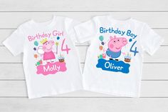 two pepo birthday shirts with the name and age on them, one is pink