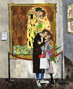 a painting of a man and woman kissing in front of an art work