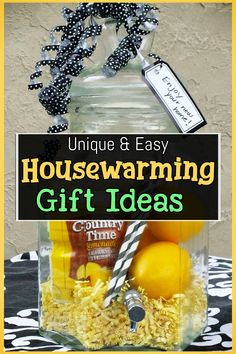 a mason jar filled with lemons and other items that are labeled housewarming gift ideas