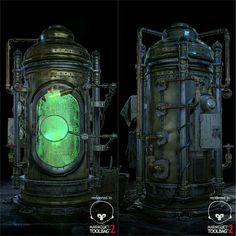 two views of an old steampunk with green light in the middle and bottom