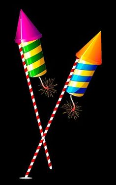 two colorful party hats with striped straws on top and fireworks in the middle, against a black background